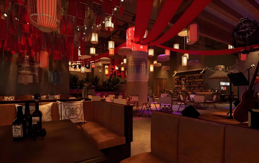 中式複古風格的民謠酒吧裝修設計效果圖