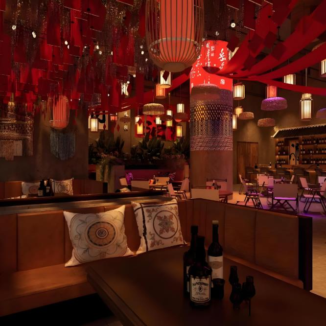 中式複古風格的民謠酒吧裝修設計效果圖