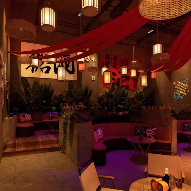 中式複古風格的民謠酒吧裝修設計效果圖