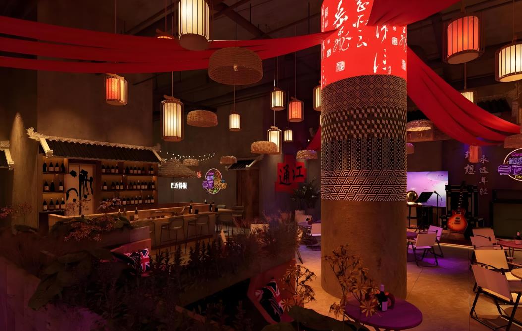 中式複古風格的民謠酒吧裝修設計效果圖