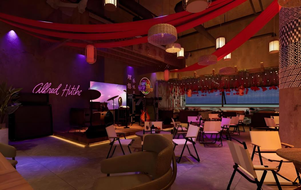 中式複古風格的民謠酒吧裝修設計效果圖